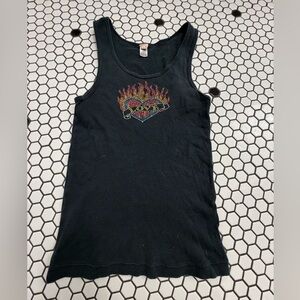 Vintage faded Black Tank Top with Colorful Heart bedazzled size large